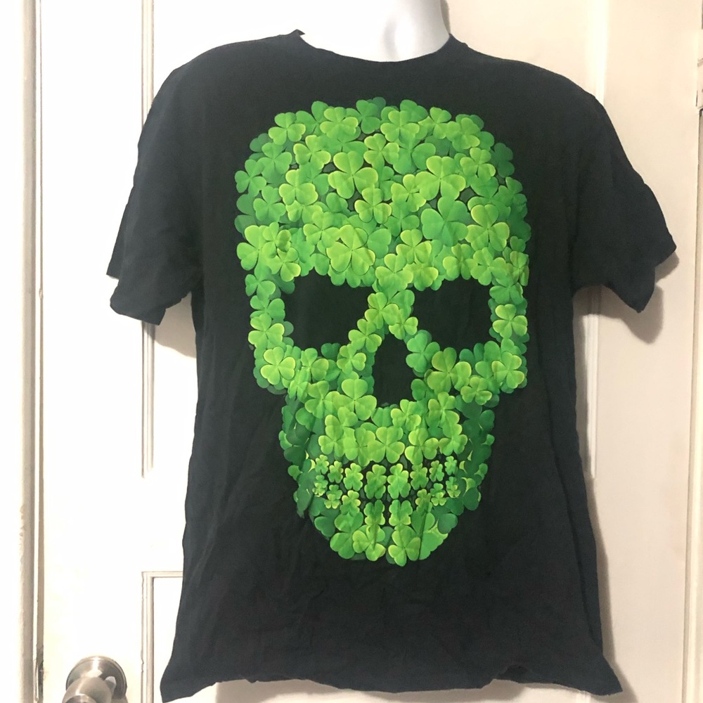 Lucky Tee Shirt Black Mens Four Leaf Clover Skull St. Patricks Irish Neon Green